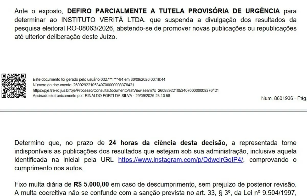 Justiça mais uma vez proíbe Veritá de divulgar pesquisa com Marcos Rogério à frente