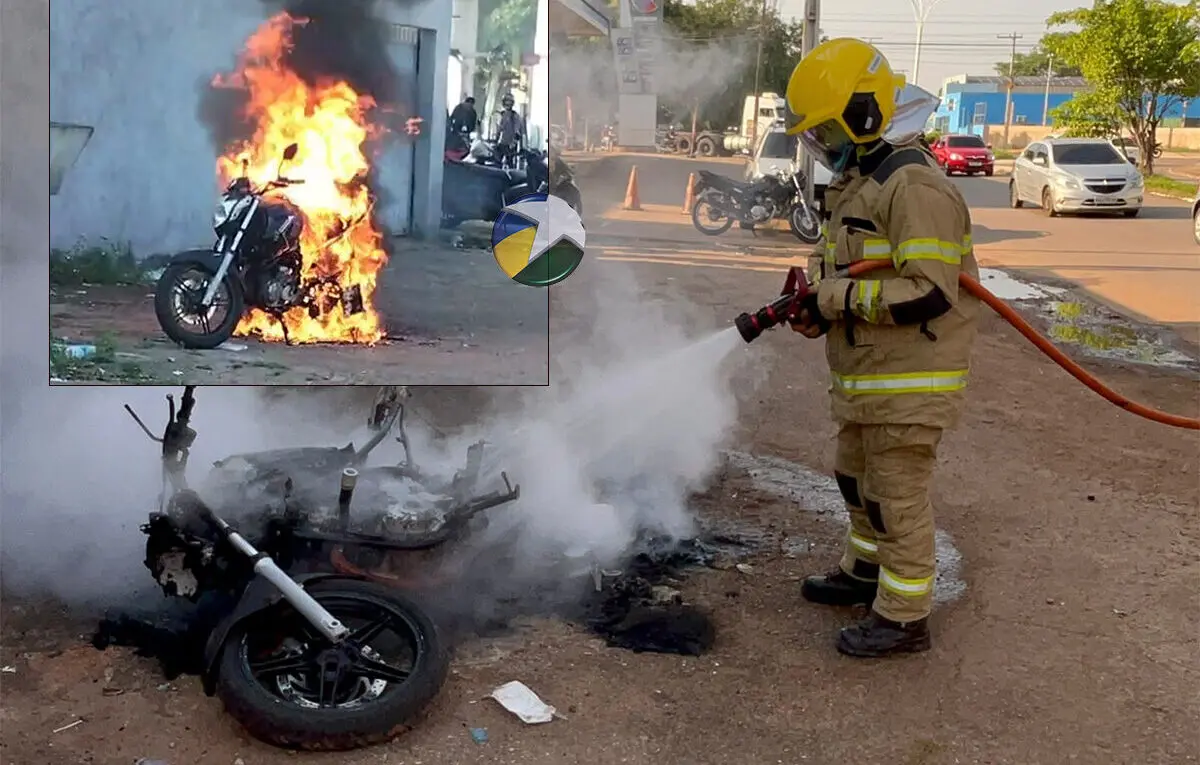 Moto é destruída pelo fogo próximo a posto de combustíveis