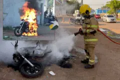 Moto é destruída pelo fogo próximo a posto de combustíveis