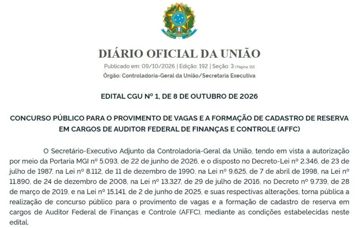 CGU publica edital de concurso para Auditor Federal de Finanças e Controle com vagas para Rondônia