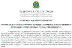 CGU publica edital de concurso para Auditor Federal de Finanças e Controle com vagas para Rondônia