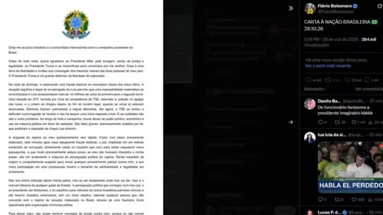Flávio Bolsonaro se diz ‘presidente eleito’, apaga post e passa a se chamar de ‘líder do Brasil’ em carta