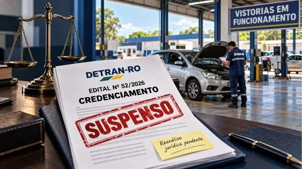Justiça suspende credenciamento de vistorias do DETRAN-RO: edital saiu sem a nova análise que a Procuradoria exigiu