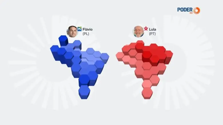 Mapa mostra intensidade de votos em Lula e Flávio por Estado